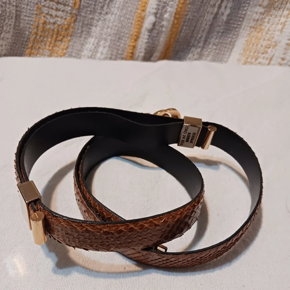 Herraje Banado Oro 24Kts Gold Plated Tan Snake Skin Leather Adjustable Vtg Belt